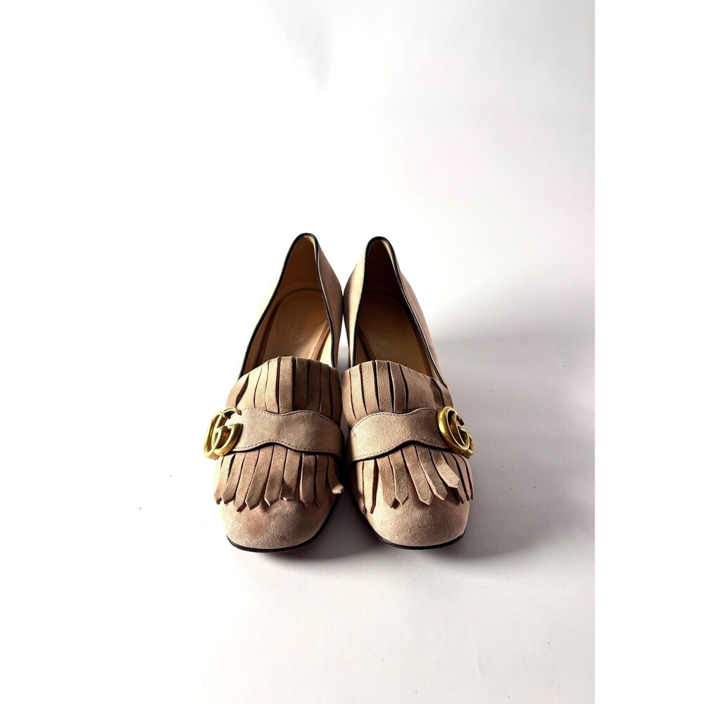 Gucci GG Marmont Fringe Pumps, Taupe Suede Heels, Interlocking GG Shoes